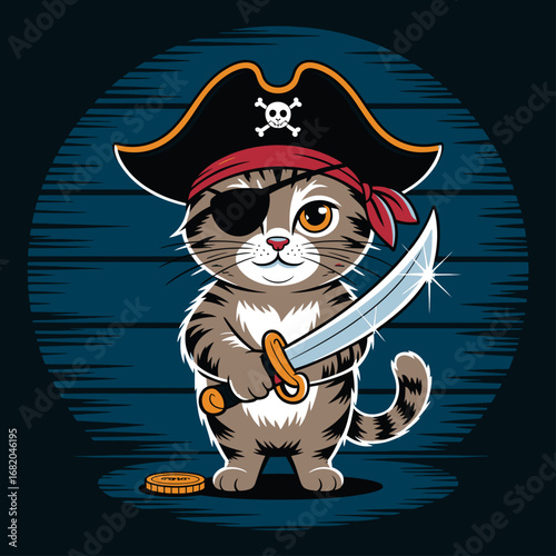 Cat pirate with sword and eyepatch, cute design suitable for childrens books, products, or educational materials. Fun and engaging image for kids content.