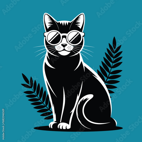Cool black cat in sunglasses with leafy decorations perfect for cat lover advertisements, summer promotions, and social media posts.