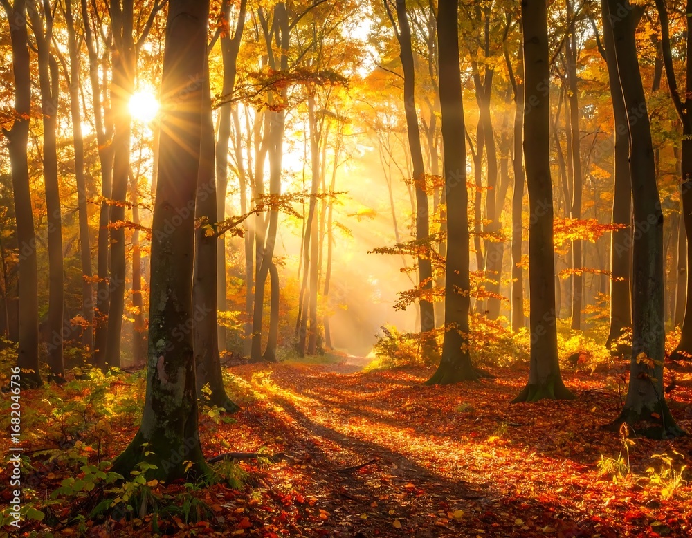 Fototapeta premium Autumn forest sunrise