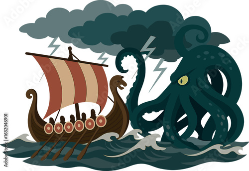 A monumental naval clash unfolds between a Viking longship and a colossal kraken beneath a tempestuous sky