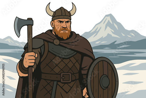 A grim Viking fighter stands amid a frigid northern terrain, his face dirtied and scarred from battle, eyes brimming with resolve