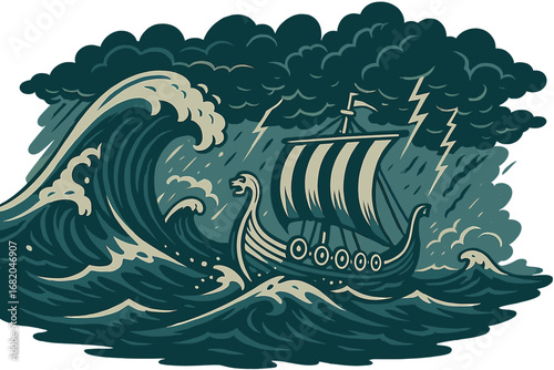 A fierce storm rages over the open sea as a Viking ship battles the waves, created with