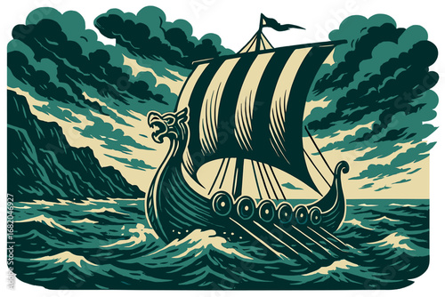 A fierce Viking longship, its sails billowing beneath a dramatic sky, stands ready for battle or exploration, while the rugged coastline and stormy sea forge a powerful mythic image