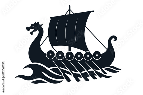 Silhouette of a Viking longship and dragon boat sailing on waves – Norse exploration and battle