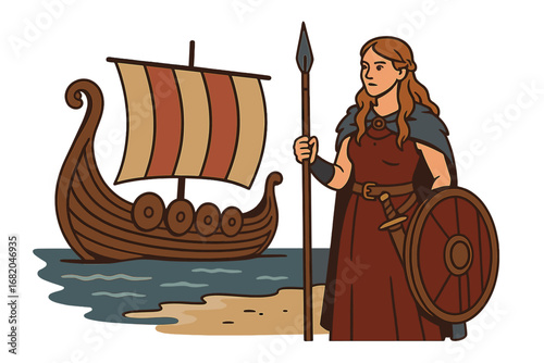 A Viking woman stands beside a Drakkar on the shoreline
