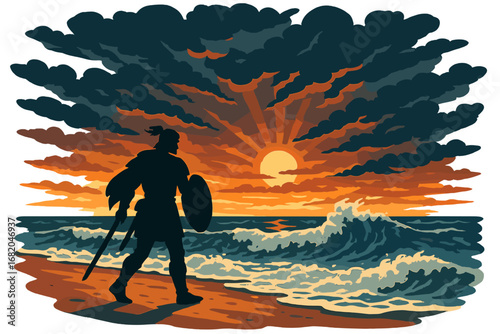 A warrior strides along the coast while waves roar, beneath a dramatic sunset over a stormy sea