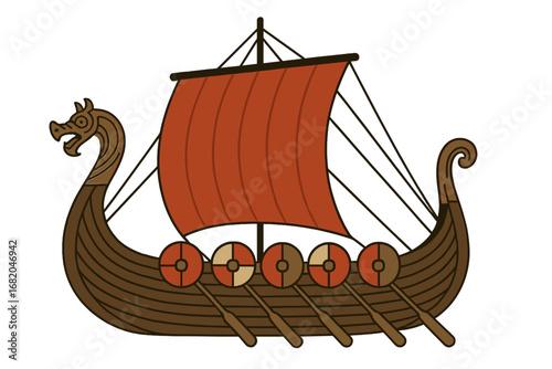 A grand Viking drakkar longship featuring a carved prow, shields, and two crimson sails