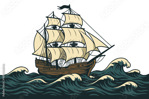 A sweeping view of a historic pirate-era sailing ship navigating the high seas amid massive waves