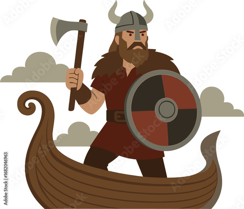 A Viking warrior, armed with axe and shield, stands aboard a wooden longship, prepared for a sea voyage beneath cloudy skies