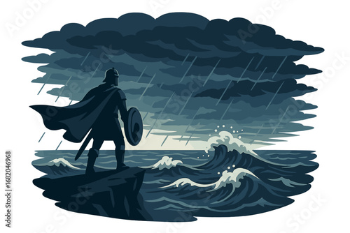 A warrior stands on a cliff, gazing at the turbulent sea and dark skies amid a stormy evening