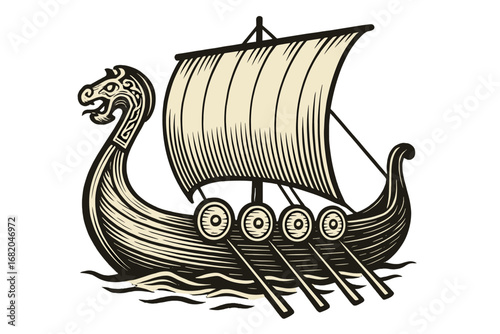 Illustration of a Viking ship in vector form, styled with a dragon head engraving