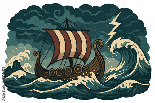A Viking ship braves a storm in a seascape, conjuring themes of bravery, exploration, and myth