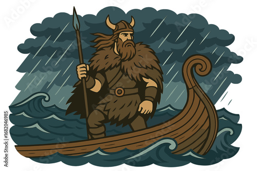 A Viking in a fur cloak stands on a ship amid a stormy sea voyage