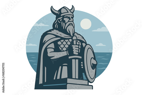A Viking warrior statue set against an ocean backdrop, evoking strength and mythology
