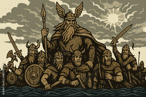 Odin, the Old Norse god, encircled by Viking warriors of Valhalla beneath a stormy sky with clouds and bright sun, with rippling sea in the foreground, depicted in a Norse epic, Asgard, myths