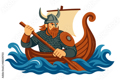 A stylized Viking warrior wearing a helmet and chainmail sails a longship across dynamic blue waves