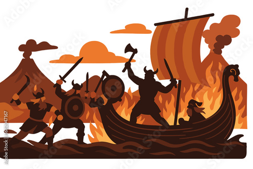 Viking warriors clash dramatically as their longship sails toward a blazing landscape at twilight