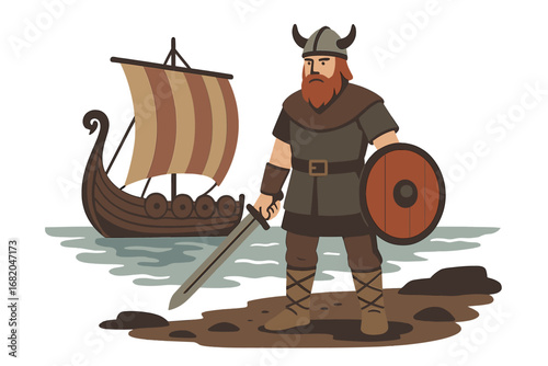 A Viking fighter holding a sword and shield stands beside a drakkar on the shoreline