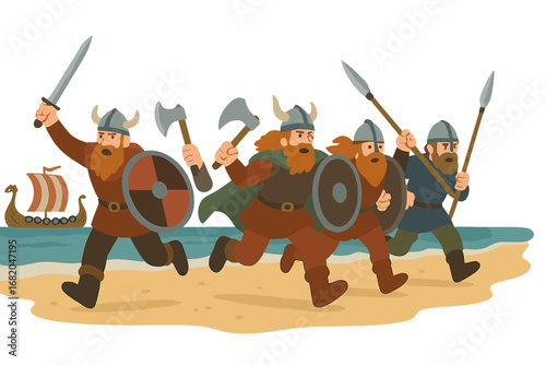 The Mad Vikings warriors are moving, sprinting along the beach with the Drakkar behind them