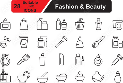 Fashion and beauty icon set. Style icon. Containing cosmetics, clothing, perfume, accessories, grooming and more. Vector illustration.