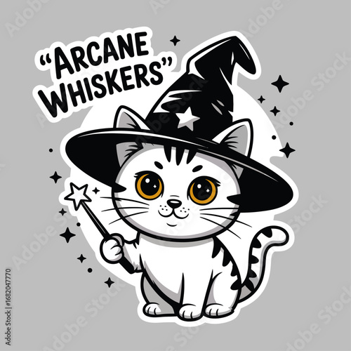 White kitten in a witch hat with a magic wand. Perfect for halloween, cat lovers, or whimsical design projects.