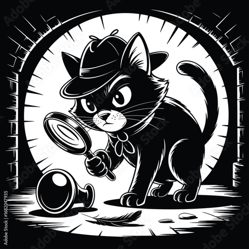 Black cat detective in a hat holds a magnifying glass, examining a clue, ideal for mystery and detectivethemed projects.