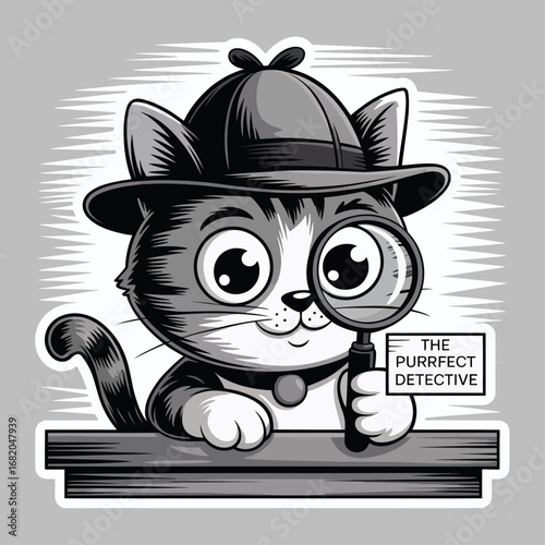 Cute feline detective with hat, magnifying glass sign. Ideal for detectivethemed designs, cat lovers, mystery story illustrations, childrens books.