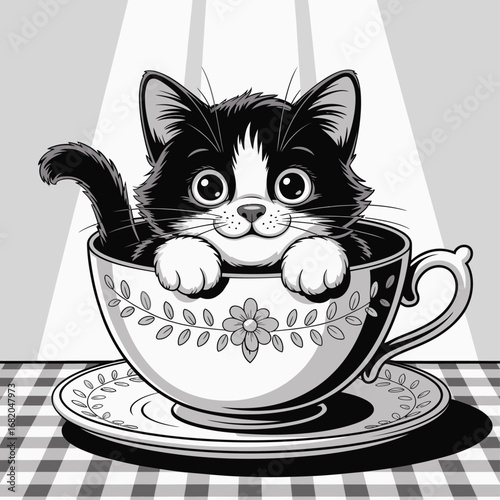 Cute black and white kitten in teacup illustration, perfect for greeting cards, stationery, pet lover designs, and social media posts.