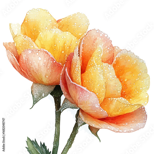 watercolor vector of Raindrops On Petals, isolated on a white background.