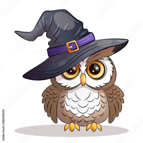 owl in a witch hat for Halloween on a white background