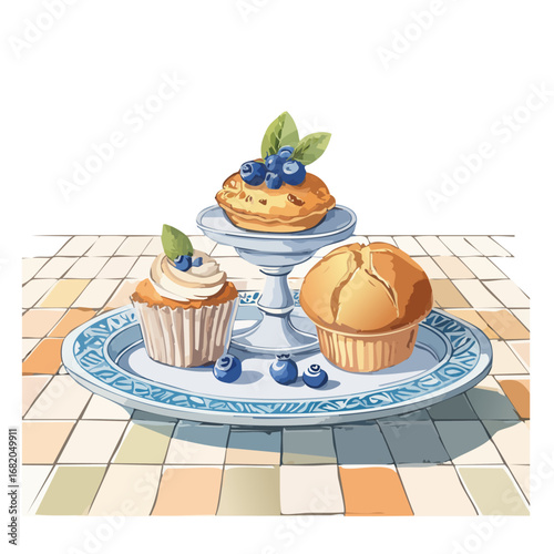 水彩で描かれたお皿に乗ったケーキ