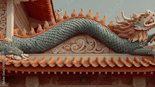 A dragon sculpture adorns the roof of a building with orange tiles.