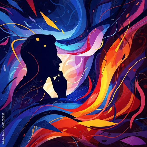 Abstract Vector Face in Thought – Modern Surreal Cubist Illustration