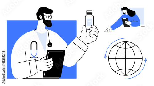 Doctor examines medicine bottle while holding tablet. Globe with arrows and professional consultation. Ideal for healthcare, telemedicine, medical technology, global solutions, digital services