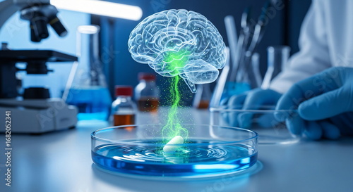 Medicine capsule with blue liquid affecting human brain. Concept for mental health, cognitive enhancement, or headache relief footage.