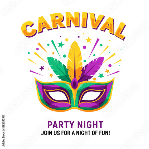 Carnival poster with mask and colorful feather decoration