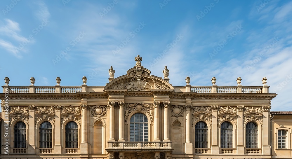 Fototapeta premium Ornate Architectural Facade Under Blue Sky A Classical Building's Detail