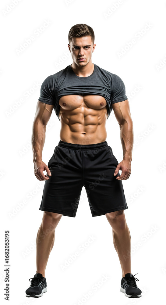 Fototapeta premium A muscular man showcasing his toned physique, isolated on a transparent background, perfect for fitness and health-related projects, demonstrating strength and athleticism