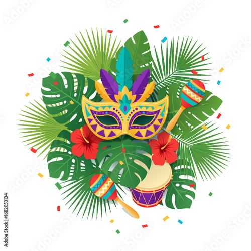 Carnival mask with tropical palm leaves and feathers