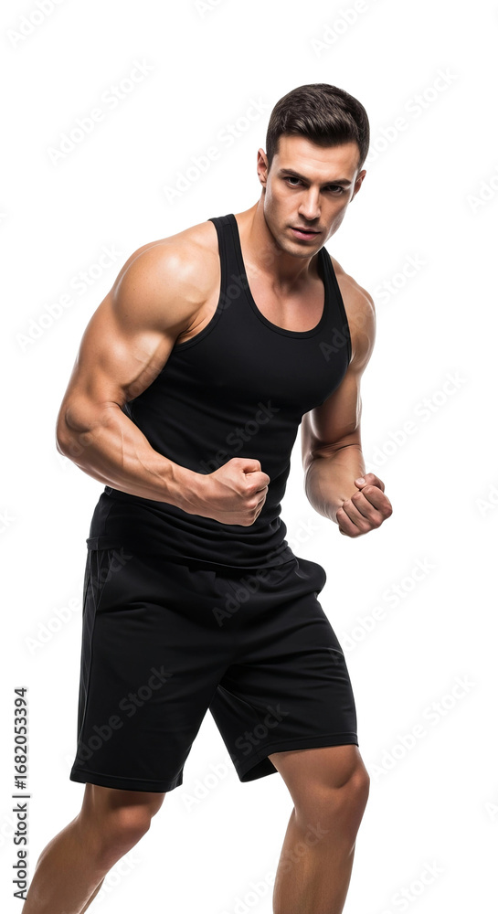 Fototapeta premium Powerful Muscular Man in Active Pose, Isolated on a Transparent Background, Demonstrating Strength, Fitness, and Workout Intensity