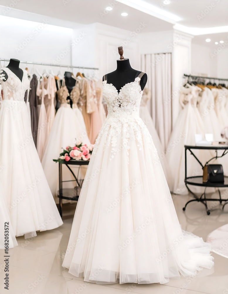 Naklejka premium Elegant wedding dresses in a store