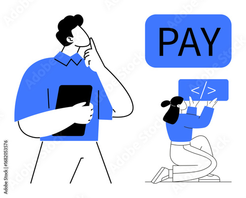 Man holding tablet, thinking about payment strategies. Woman coding digital payment system. Ideal for fintech, e-commerce, payment systems, startups, technology, web development simple landing page