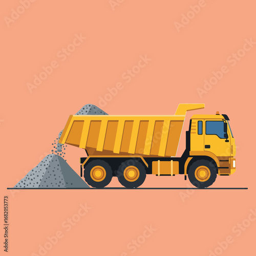 A yellow dump truck is unloading a pile of gray gravel or rocks on a peach-colored background, depicted in a flat, minimalist style.