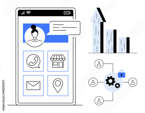 Smartphone screen with user profile, contact icons, map, and shop alongside network security, gear, and graph elements. Ideal for technology, marketing, business tools analytics communication