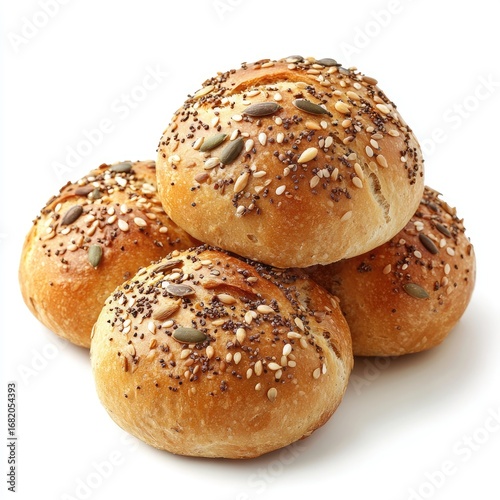 Freshly baked loaf of white and brown bread with sesame seeds on a white background for a healthy breakfast
