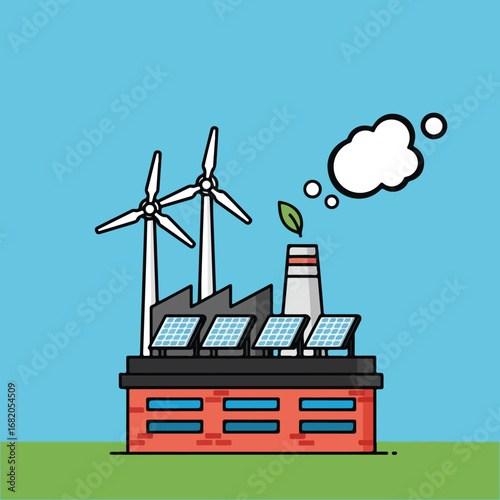 A cartoon-style image depicts a sustainable factory with windmills, solar panels, and a smokestack emitting a green leaf instead of smoke.