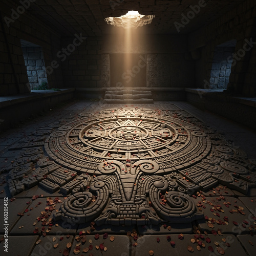 Timeless Cultural Artifacts A massive Mayan calendar intricately carved into the stone floor of a dark, forgotten temple