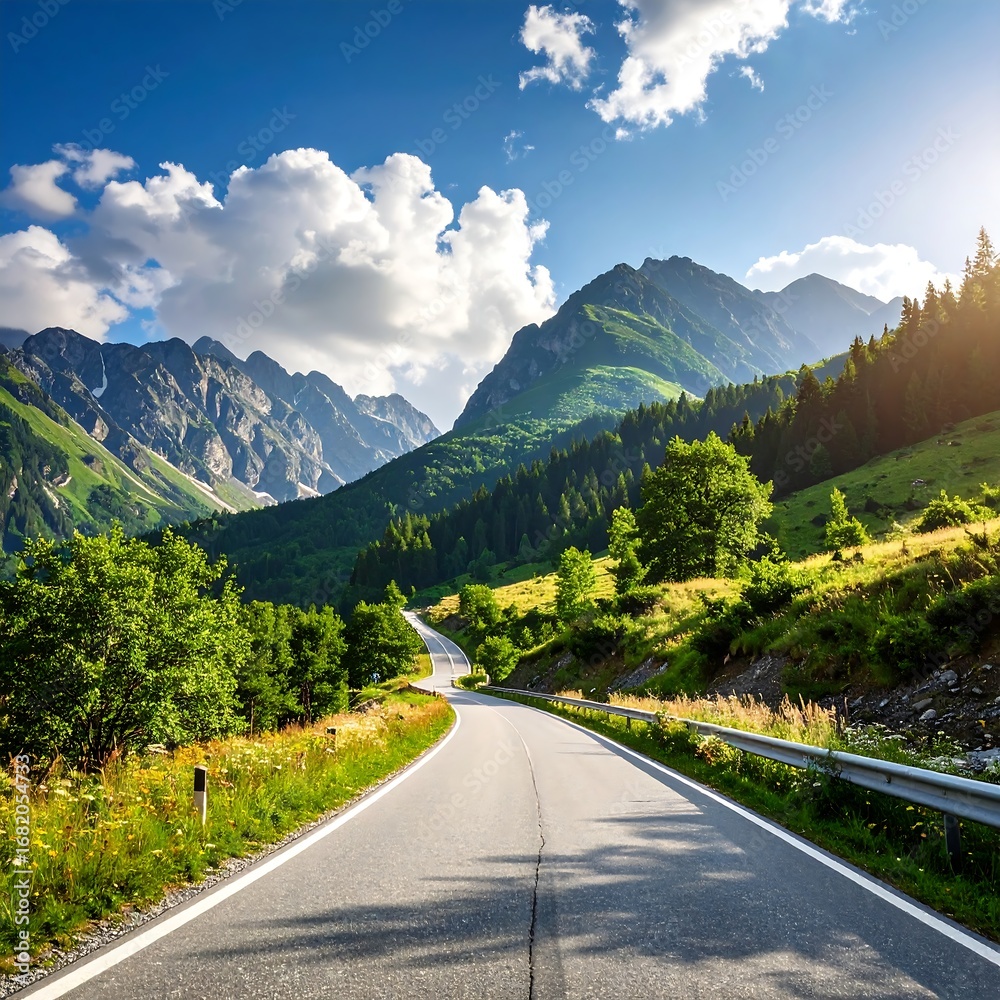 Fototapeta premium A winding asphalt road winds its way through lush mountain greenery under a vibrant sky filled with fluffy white clouds.