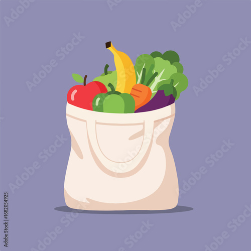 A tote bag filled with fruits and vegetables, including an apple, bananas, carrots, lettuce and eggplant on a purple background, in a cartoon style.