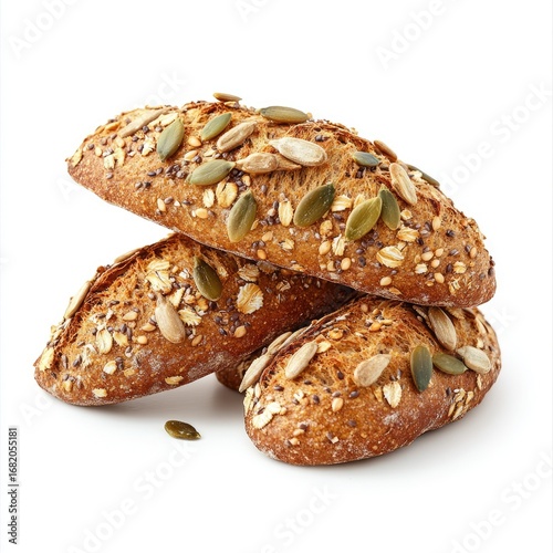 Delicious fresh baked bread loaf with sesame seed on a white isolated background, a tasty breakfast snack from a bakery
